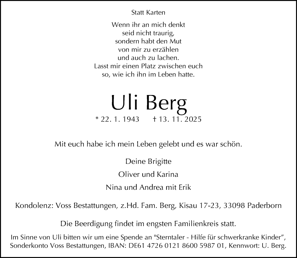  Traueranzeige für Uli Berg vom 15.11.2025 aus Neue Westfälische und Westfalen-Blatt