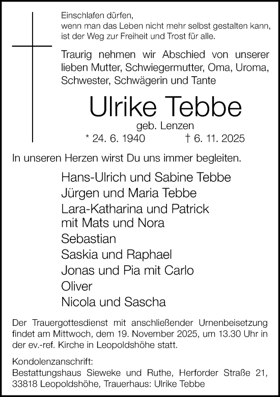 Traueranzeige von Ulrike Tebbe von Neue Westfälische und Westfalen-Blatt
