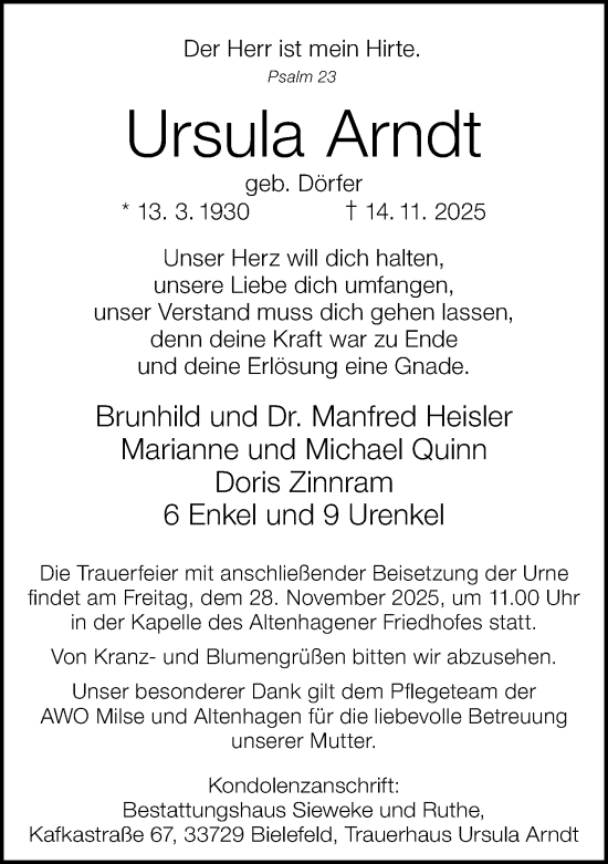 Traueranzeige von Ursula Arndt von Neue Westfälische und Westfalen-Blatt