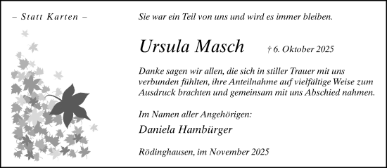 Traueranzeige von Ursula Masch von Neue Westfälische und Westfalen-Blatt
