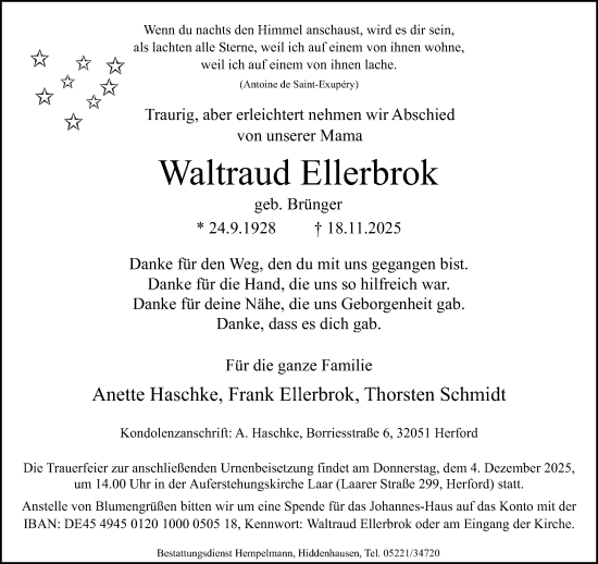 Traueranzeige von Waltraud Ellerbrok von Neue Westfälische und Westfalen-Blatt