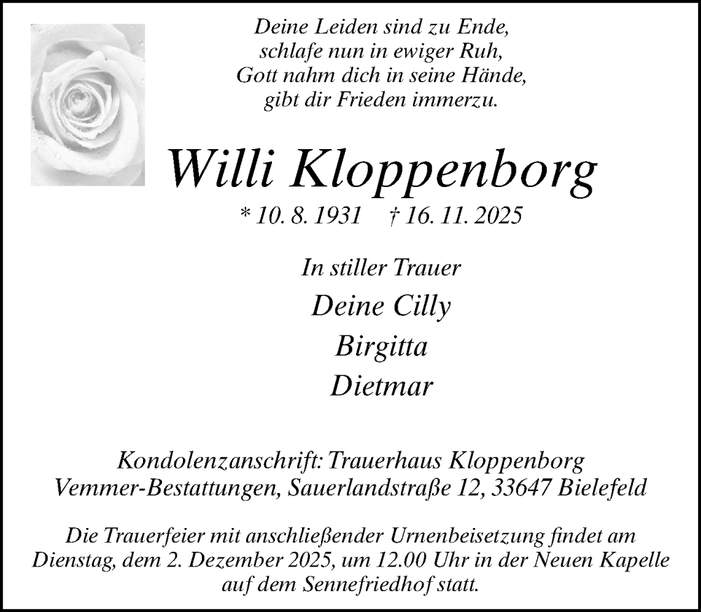  Traueranzeige für Willi Kloppenborg vom 22.11.2025 aus Neue Westfälische und Westfalen-Blatt