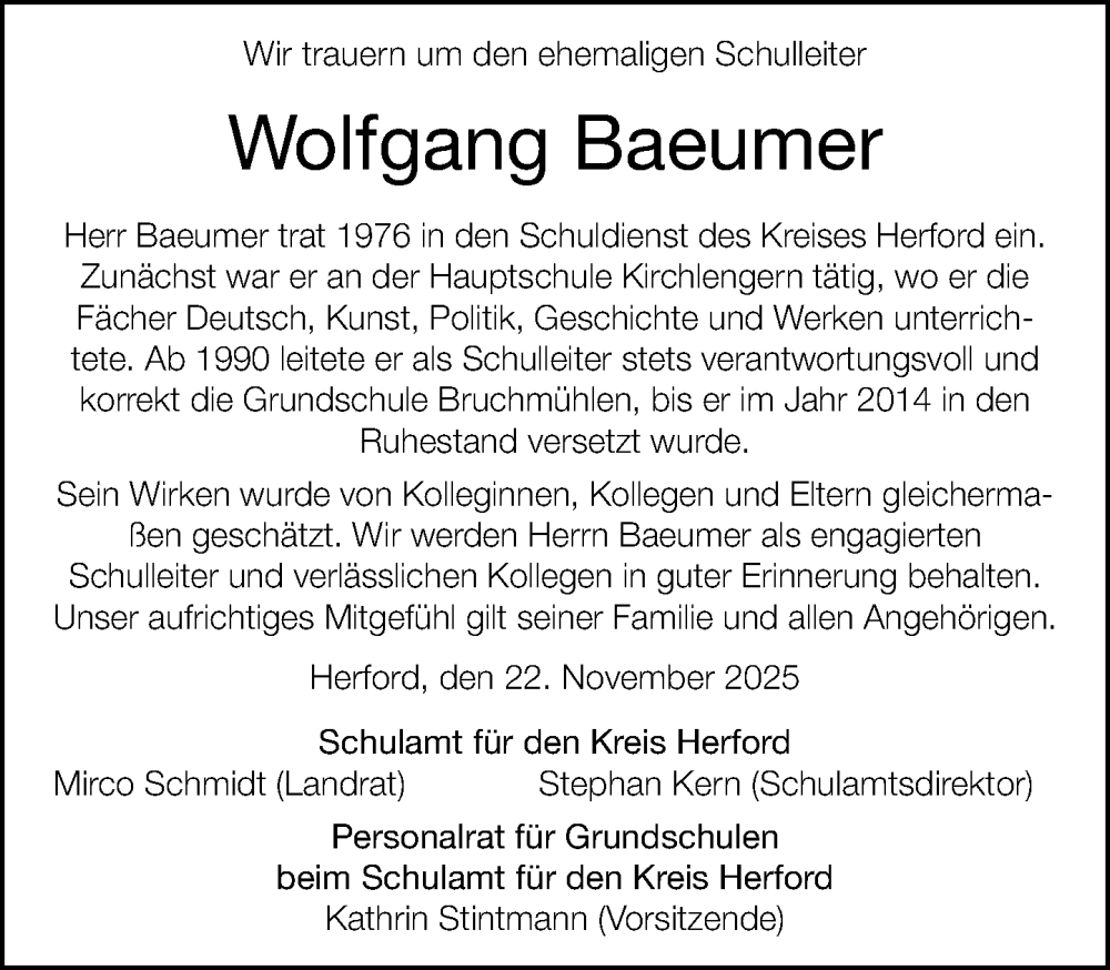  Traueranzeige für Wolfgang Baeumer vom 26.11.2025 aus Neue Westfälische und Westfalen-Blatt