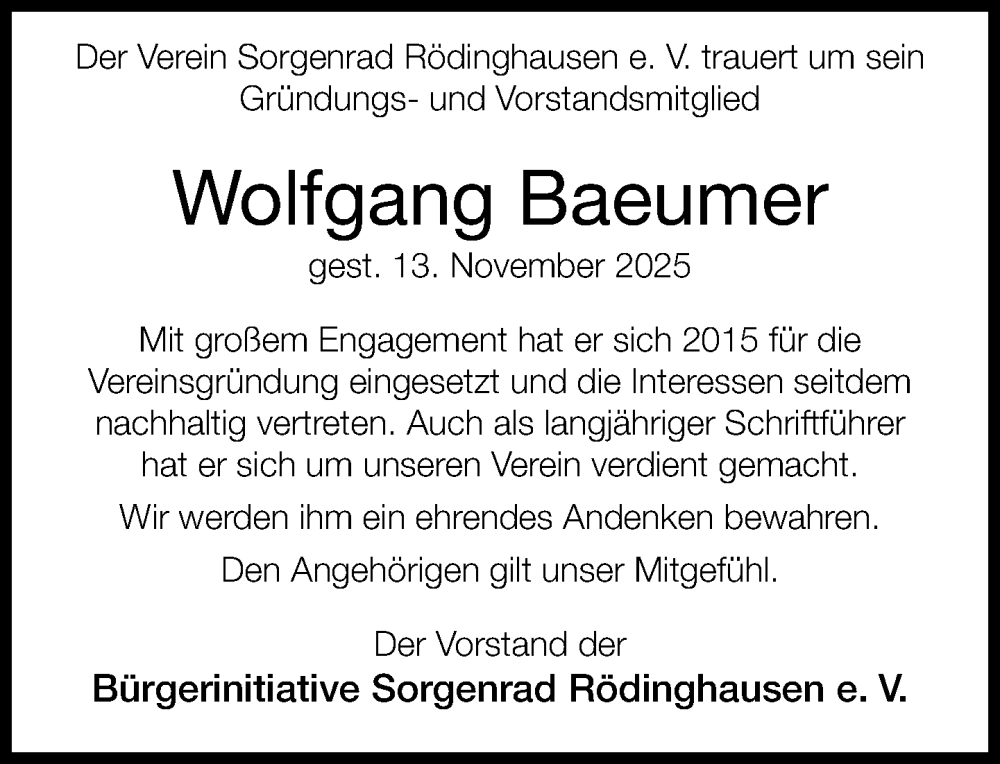  Traueranzeige für Wolfgang Baeumer vom 22.11.2025 aus Neue Westfälische und Westfalen-Blatt