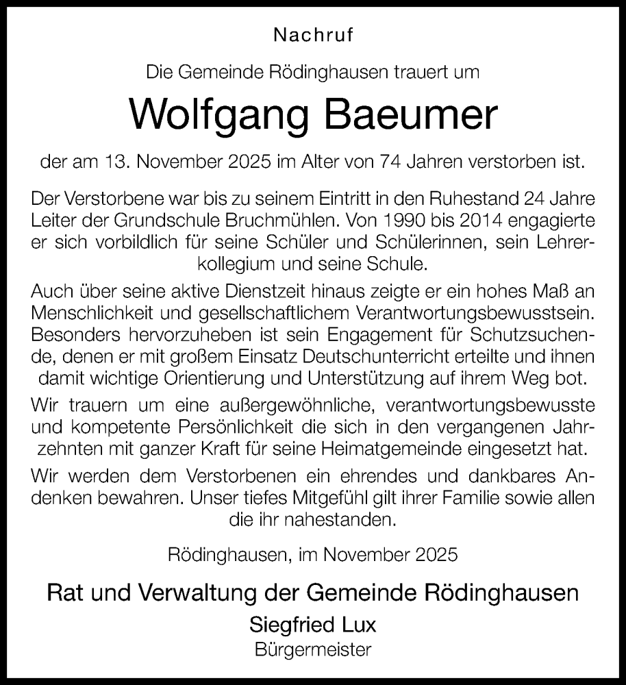  Traueranzeige für Wolfgang Baeumer vom 25.11.2025 aus Neue Westfälische und Westfalen-Blatt