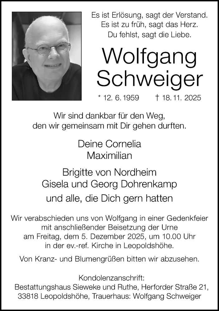  Traueranzeige für Wolfgang Schweiger vom 22.11.2025 aus Neue Westfälische und Westfalen-Blatt