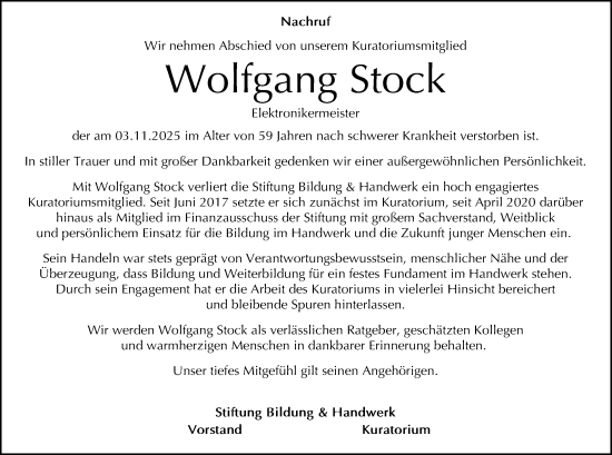 Traueranzeige von Wolfgang Stock von Neue Westfälische und Westfalen-Blatt