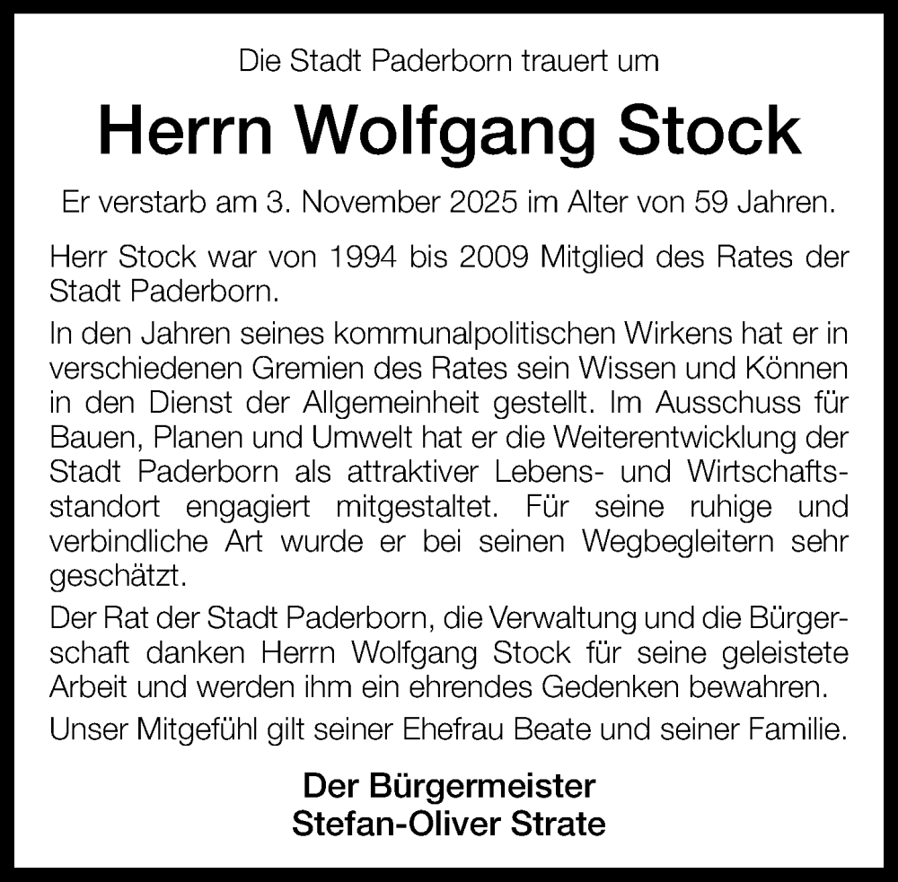 Traueranzeige für Wolfgang Stock vom 05.11.2025 aus Neue Westfälische und Westfalen-Blatt