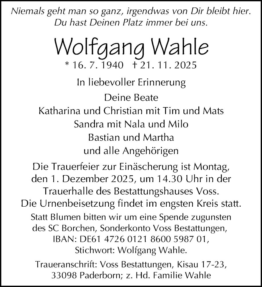  Traueranzeige für Wolfgang Wahle vom 26.11.2025 aus Neue Westfälische und Westfalen-Blatt