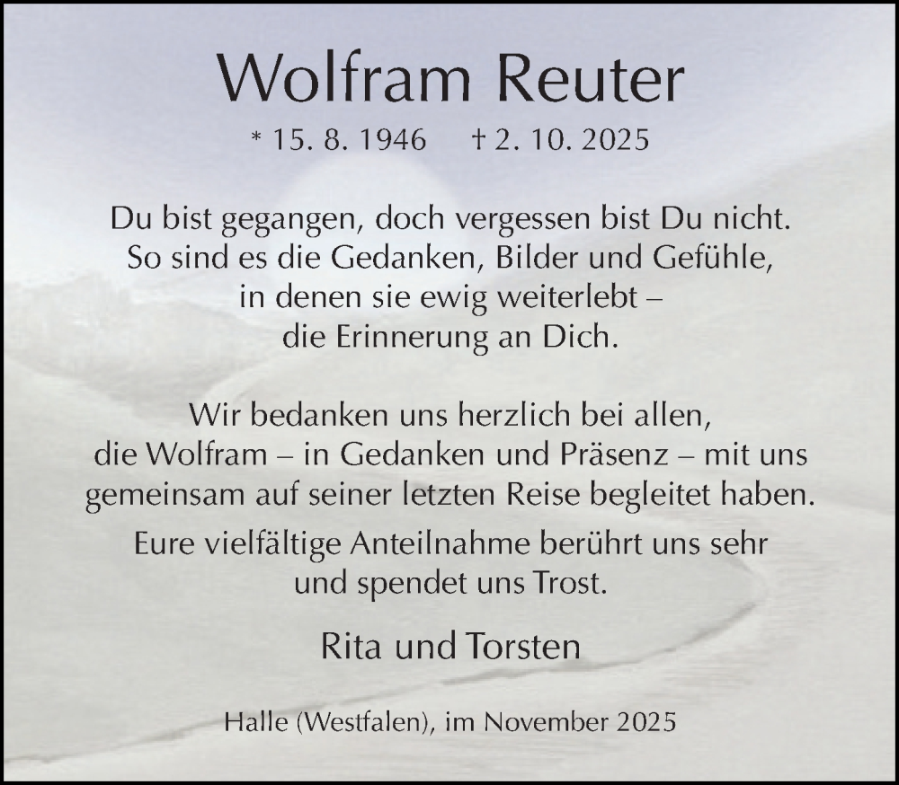  Traueranzeige für Wolfram Reuter vom 24.11.2025 aus Neue Westfälische und Westfalen-Blatt