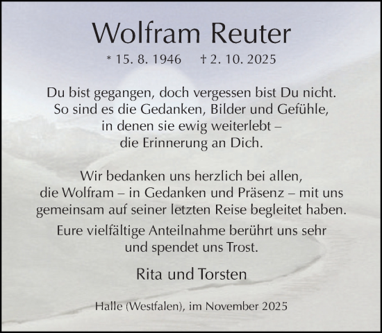 Traueranzeige von Wolfram Reuter von Neue Westfälische und Westfalen-Blatt