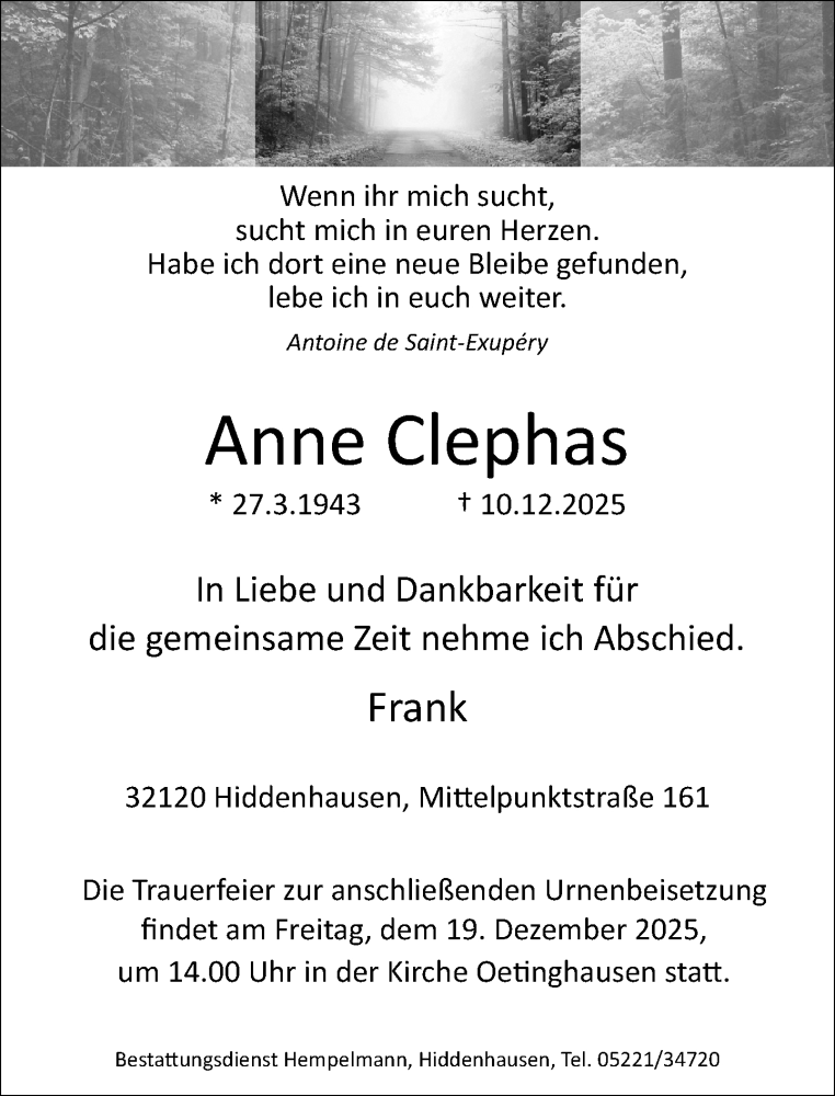  Traueranzeige für Anne Clephas vom 13.12.2025 aus Neue Westfälische und Westfalen-Blatt