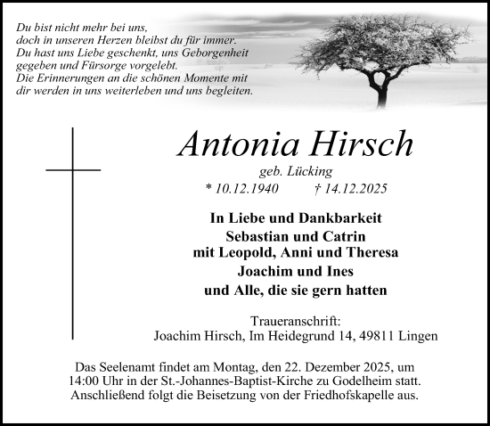 Traueranzeige von Antonia Hirsch von Neue Westfälische und Westfalen-Blatt