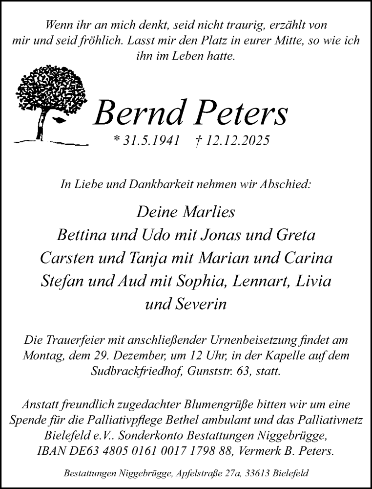  Traueranzeige für Bernd Peters vom 20.12.2025 aus Neue Westfälische und Westfalen-Blatt