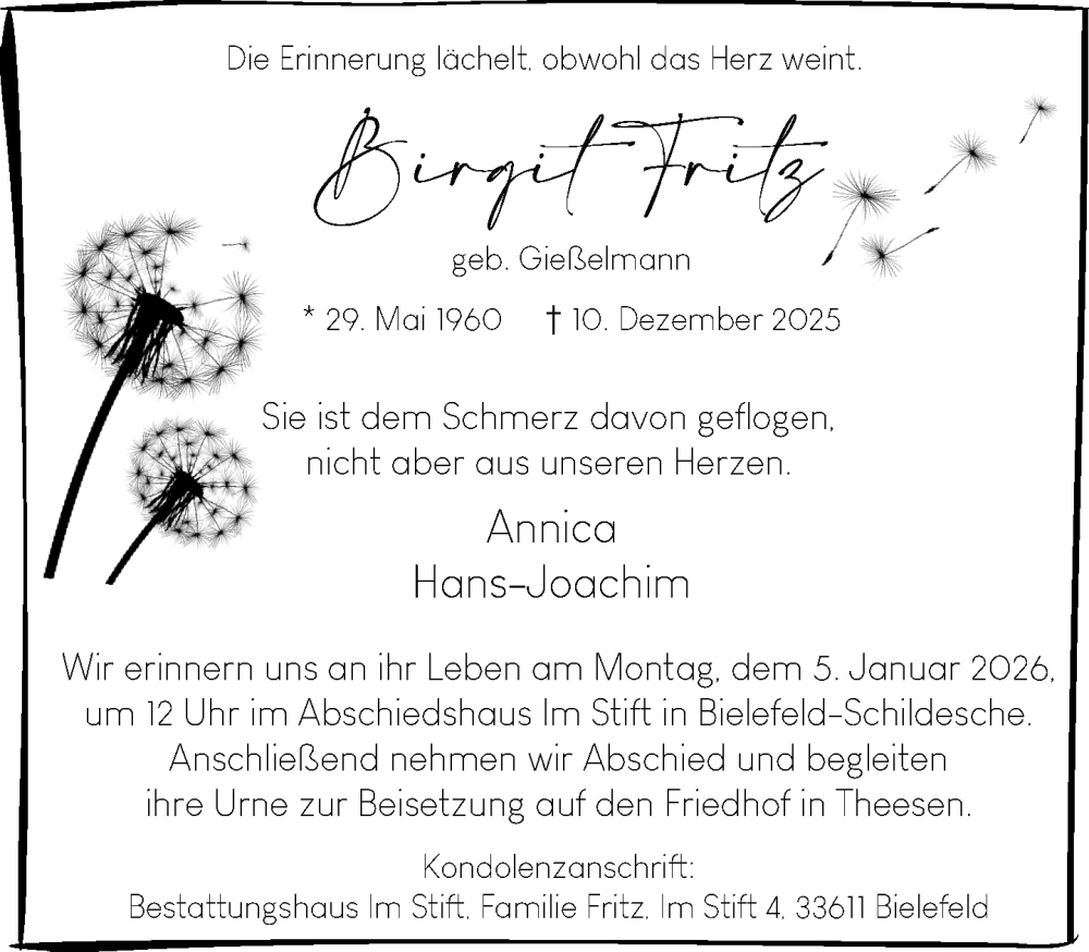  Traueranzeige für Birgit Fritz vom 20.12.2025 aus Neue Westfälische und Westfalen-Blatt