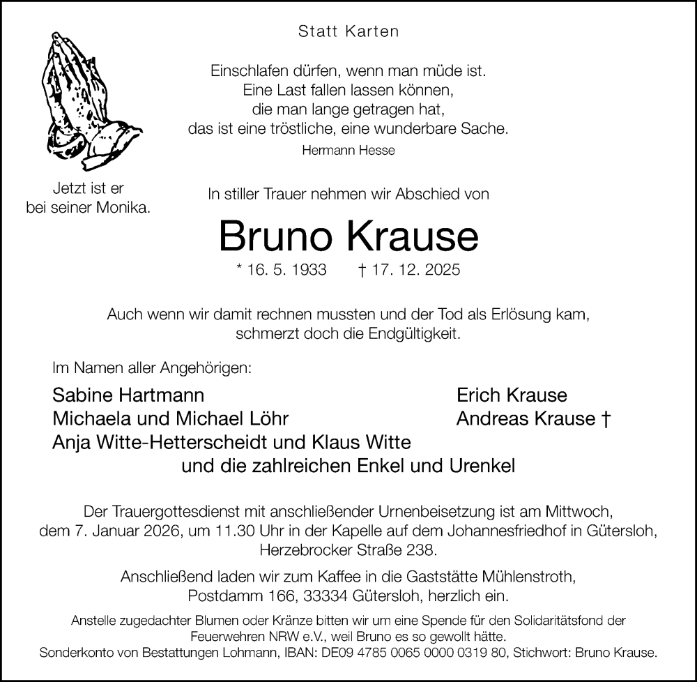  Traueranzeige für Bruno Krause vom 23.12.2025 aus Neue Westfälische und Westfalen-Blatt