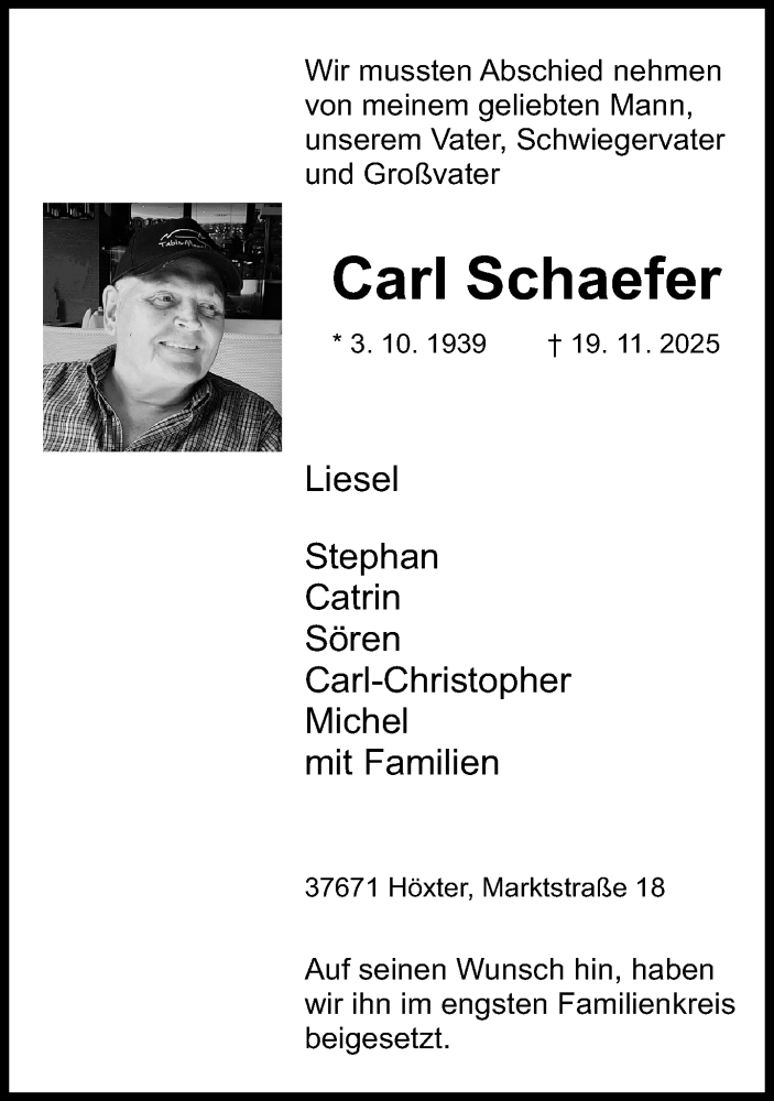  Traueranzeige für Carl Schaefer vom 06.12.2025 aus Neue Westfälische und Westfalen-Blatt