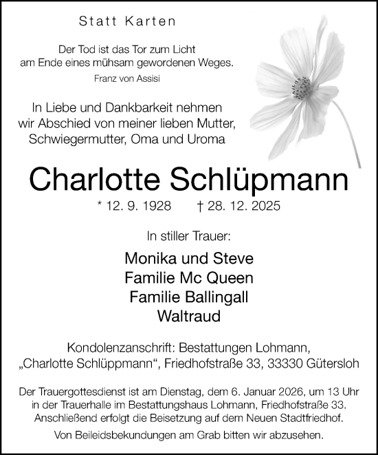 Traueranzeige von Charlotte Schlüpmann von Neue Westfälische und Westfalen-Blatt