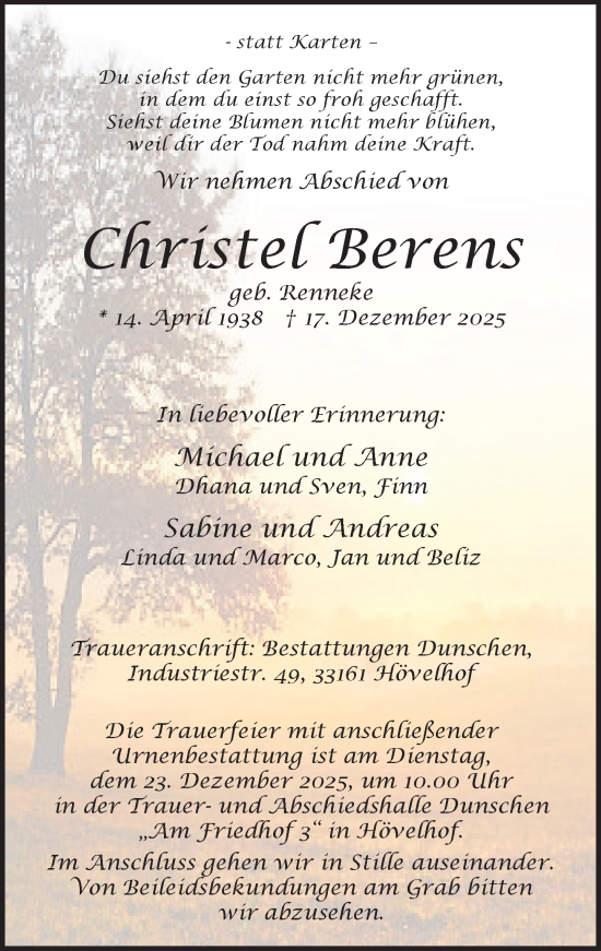 Traueranzeige von Christel Berens von Neue Westfälische und Westfalen-Blatt