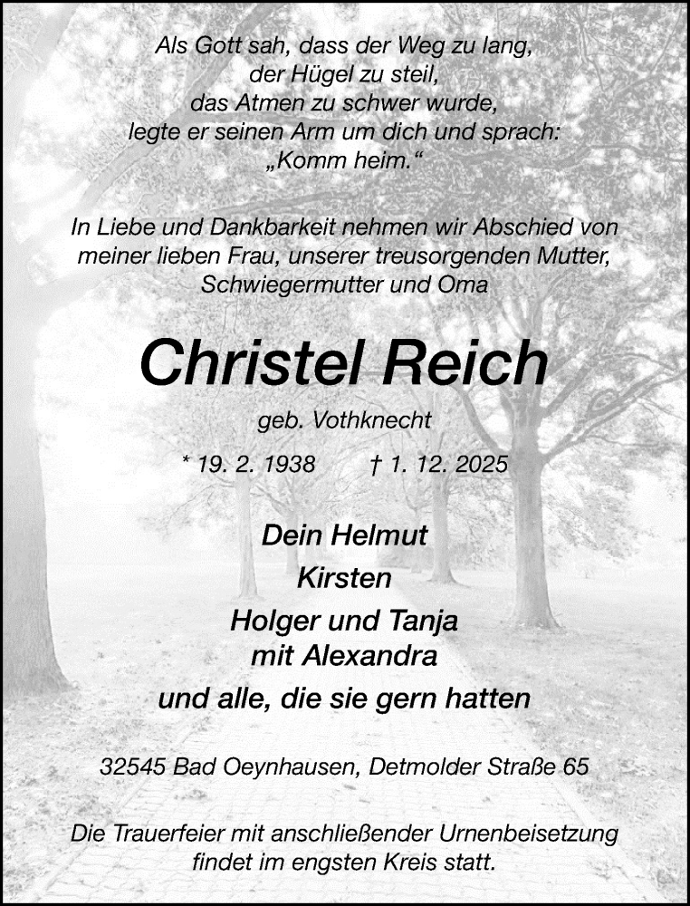  Traueranzeige für Christel Reich vom 06.12.2025 aus Neue Westfälische und Westfalen-Blatt