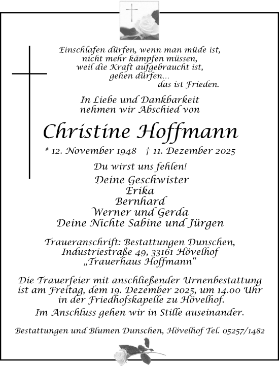 Traueranzeige von Christine Hoffmann von Neue Westfälische und Westfalen-Blatt
