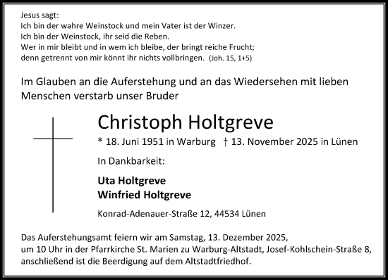 Traueranzeige von Christoph Holtgreve von Neue Westfälische und Westfalen-Blatt