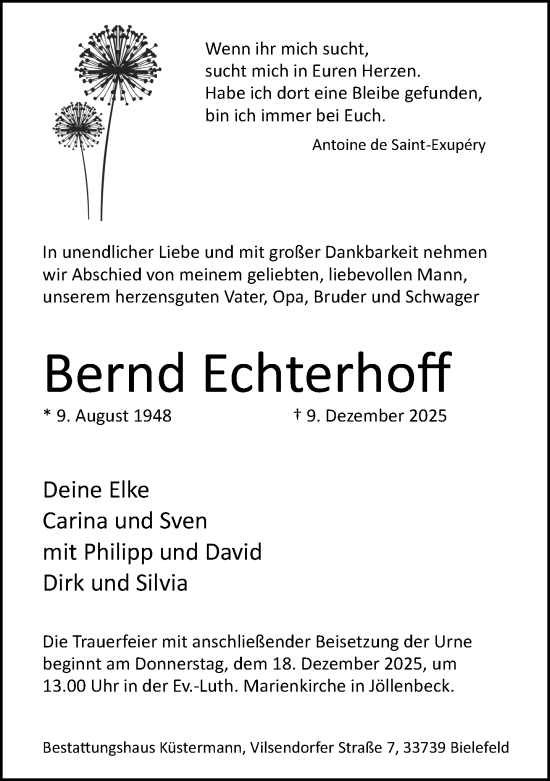 Traueranzeige von Bernd Echterhoff von Neue Westfälische und Westfalen-Blatt