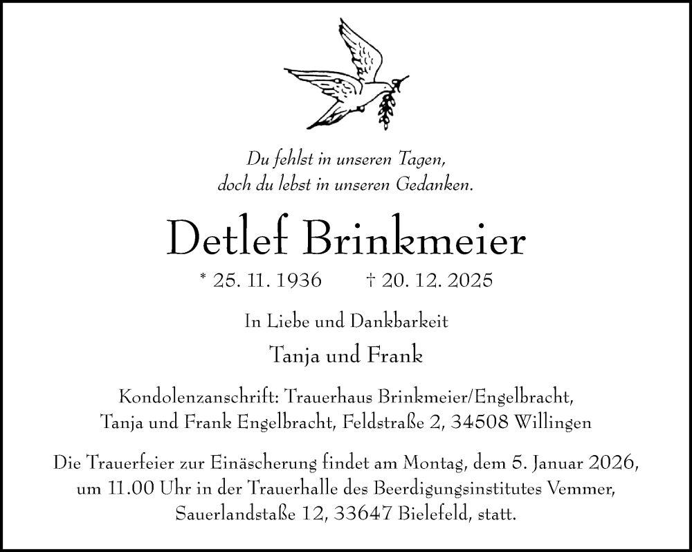  Traueranzeige für Detlef Brinkmeier vom 27.12.2025 aus Neue Westfälische und Westfalen-Blatt