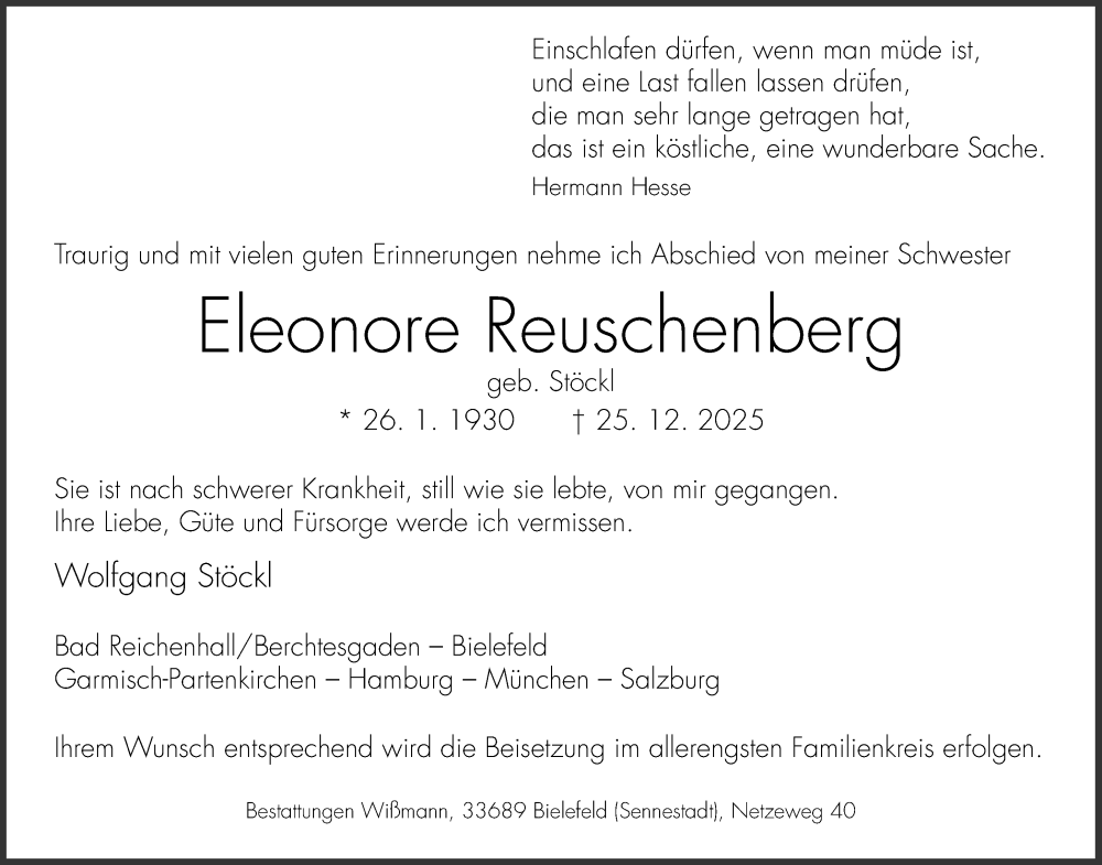  Traueranzeige für Eleonore Reuschenberg vom 31.12.2025 aus Neue Westfälische und Westfalen-Blatt