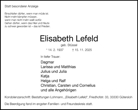Traueranzeige von Elisabeth Lefeld von Neue Westfälische und Westfalen-Blatt