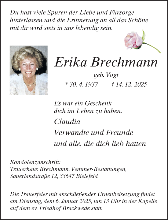 Traueranzeige von Erika Brechmann von Neue Westfälische und Westfalen-Blatt