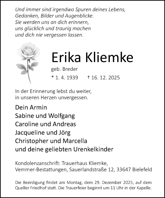 Traueranzeige von Erika Kliemke von Neue Westfälische und Westfalen-Blatt