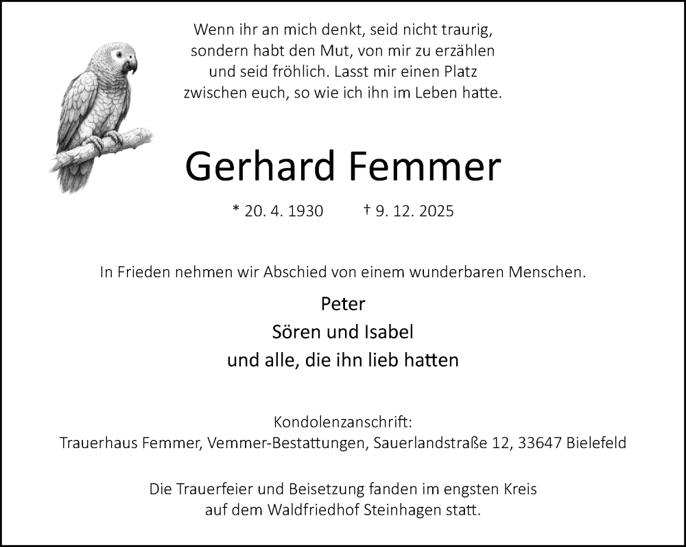  Traueranzeige für Gerhard Femmer vom 20.12.2025 aus Neue Westfälische und Westfalen-Blatt