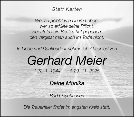 Traueranzeige von Gerhard Meier von Neue Westfälische und Westfalen-Blatt