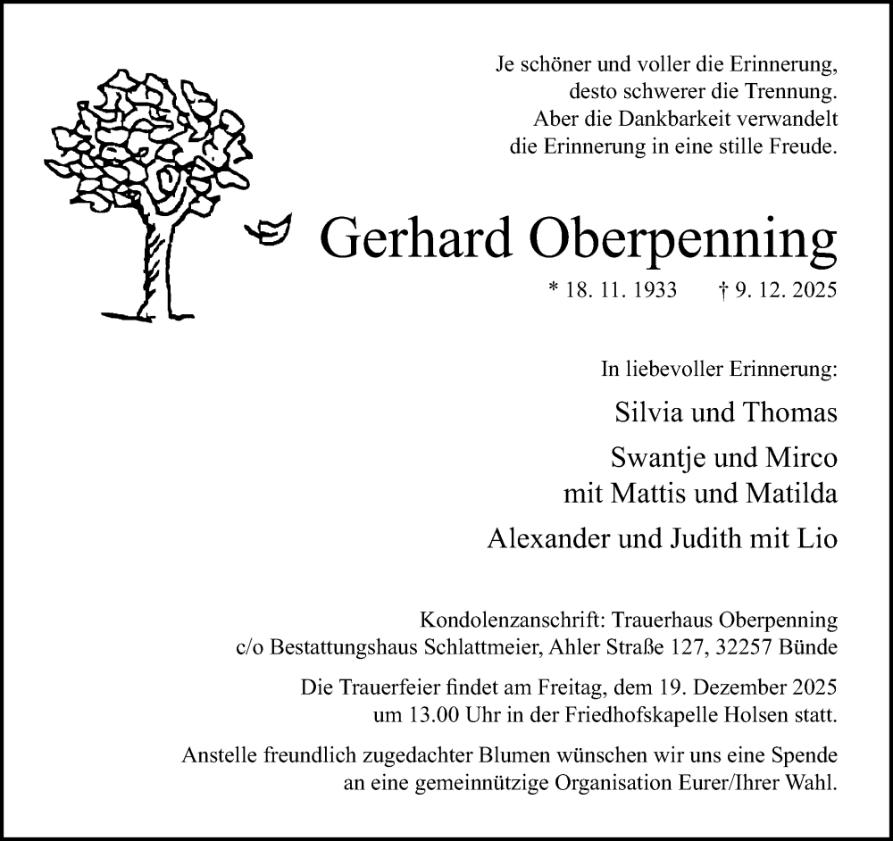  Traueranzeige für Gerhard Oberpenning vom 13.12.2025 aus Neue Westfälische und Westfalen-Blatt