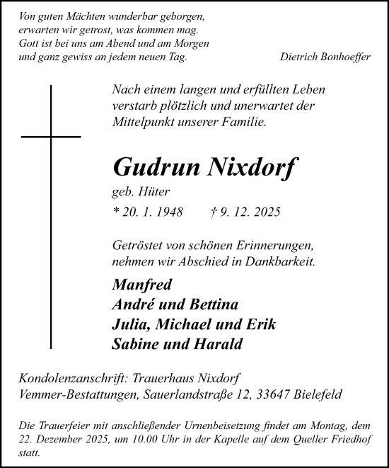 Traueranzeige von Gudrun Nixdorf von Neue Westfälische und Westfalen-Blatt