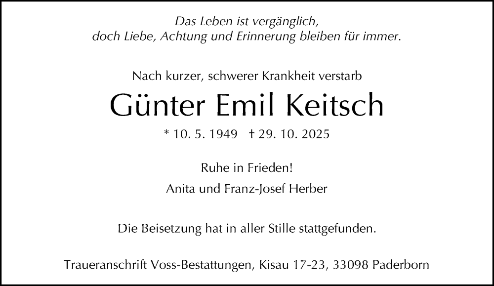  Traueranzeige für Günter Emil Keitsch vom 03.12.2025 aus Neue Westfälische und Westfalen-Blatt