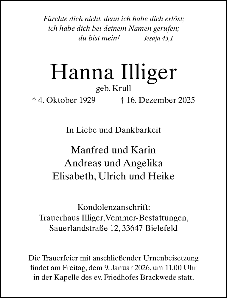  Traueranzeige für Hanna Illiger vom 27.12.2025 aus Neue Westfälische und Westfalen-Blatt