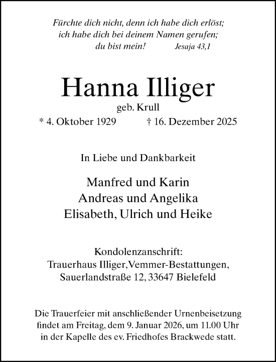 Traueranzeige von Hanna Illiger von Neue Westfälische und Westfalen-Blatt