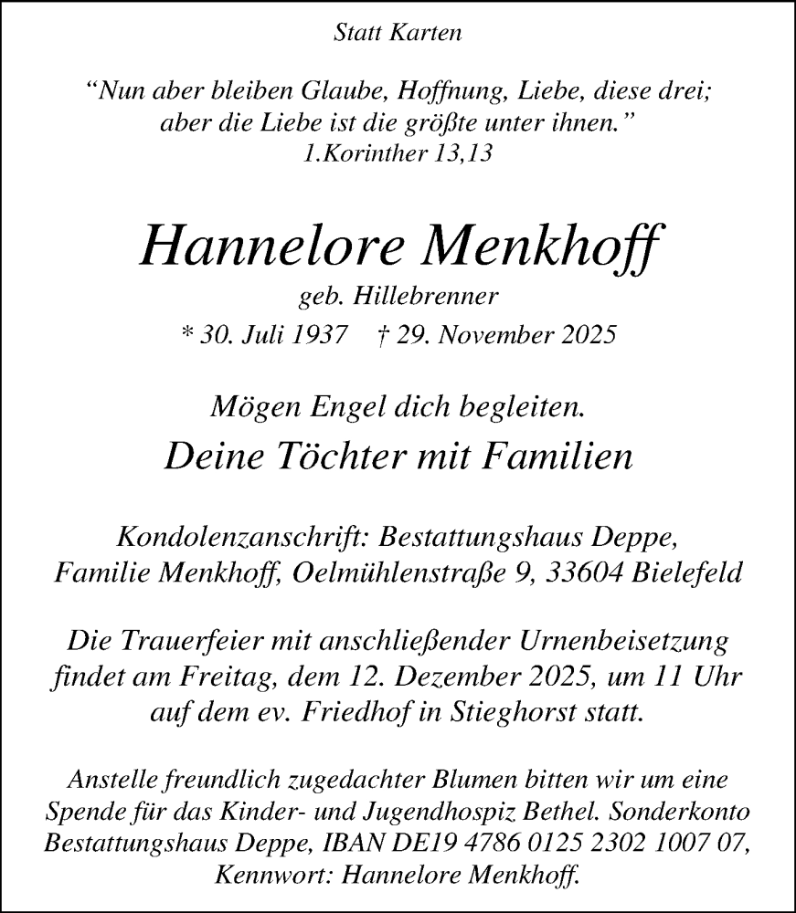  Traueranzeige für Hannelore Menkhoff vom 06.12.2025 aus Neue Westfälische und Westfalen-Blatt