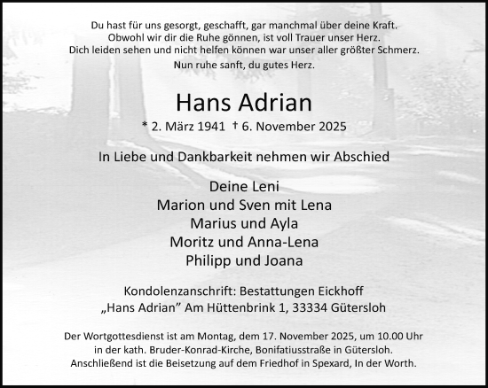 Traueranzeige von Hans Adrian von Neue Westfälische und Westfalen-Blatt