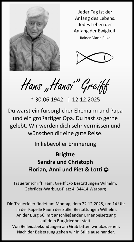 Traueranzeige von Hans Greiff von Neue Westfälische und Westfalen-Blatt