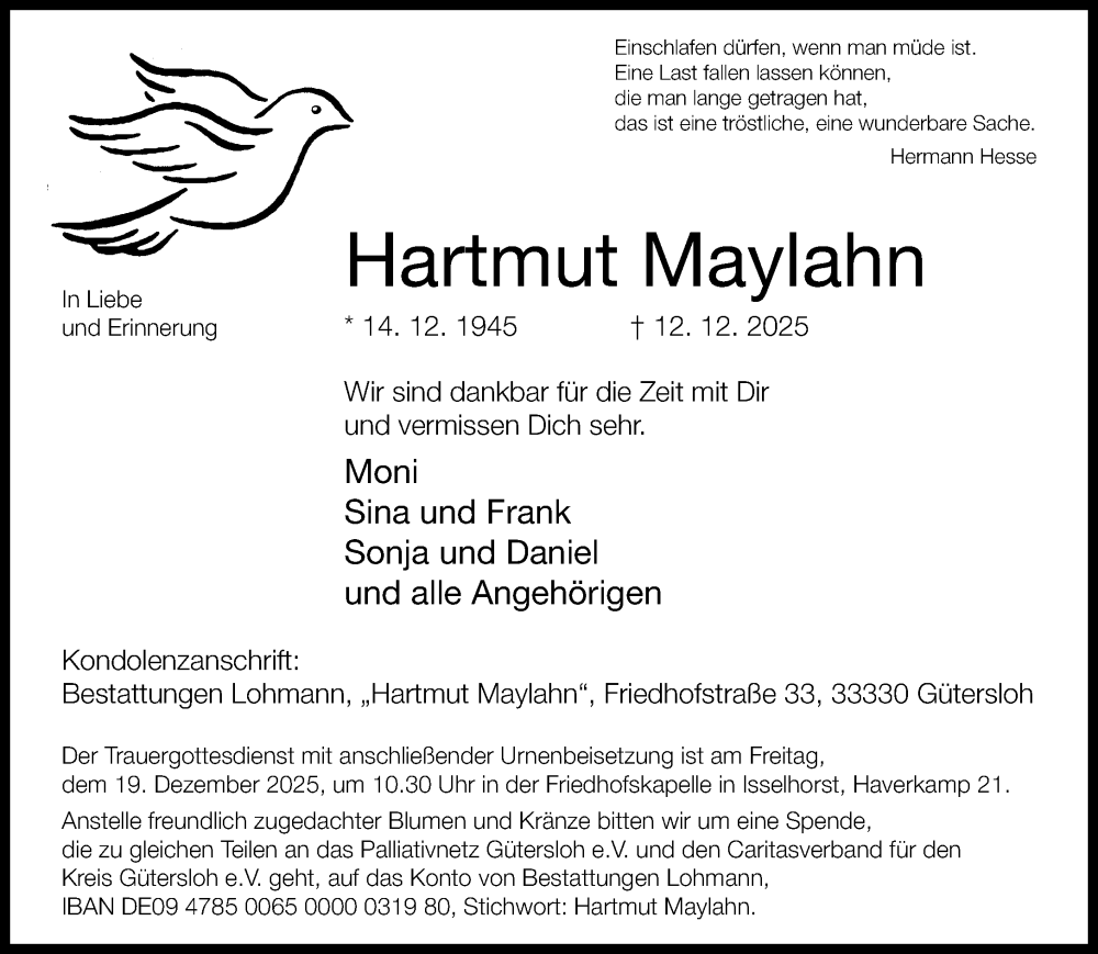  Traueranzeige für Hartmut Maylahn vom 17.12.2025 aus Neue Westfälische und Westfalen-Blatt