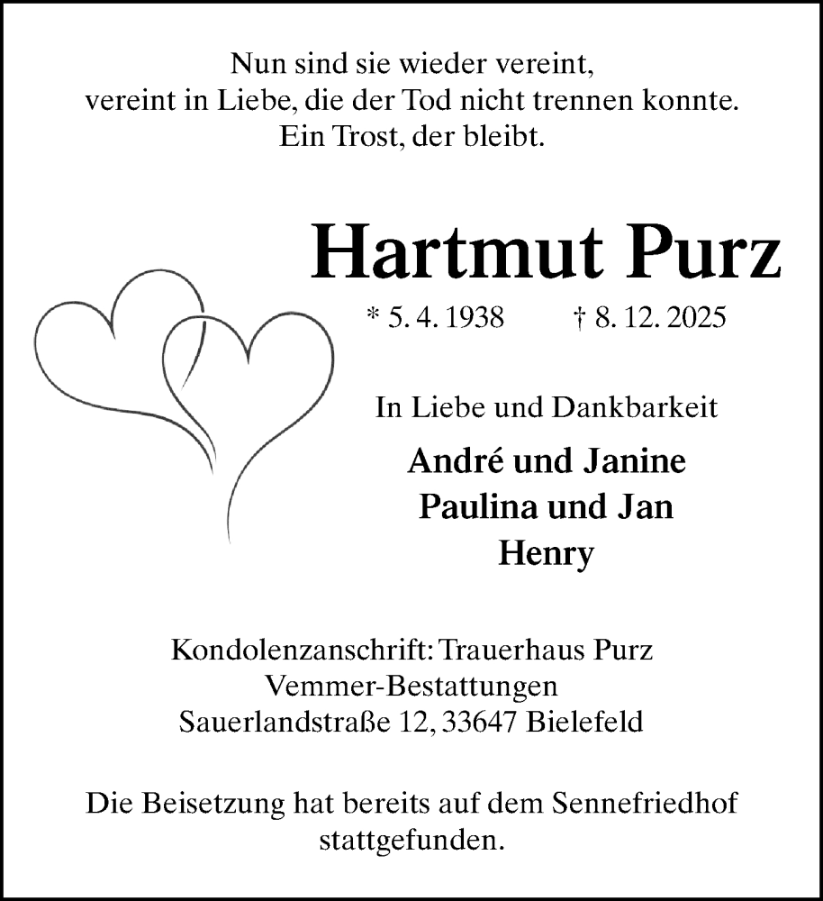  Traueranzeige für Hartmut Purz vom 24.12.2025 aus Neue Westfälische und Westfalen-Blatt