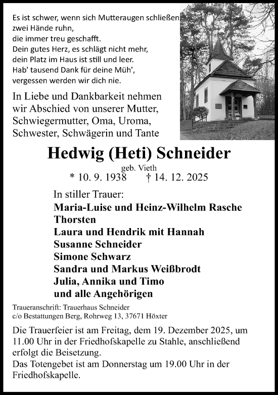 Traueranzeige von Hedwig Schneider von Neue Westfälische und Westfalen-Blatt