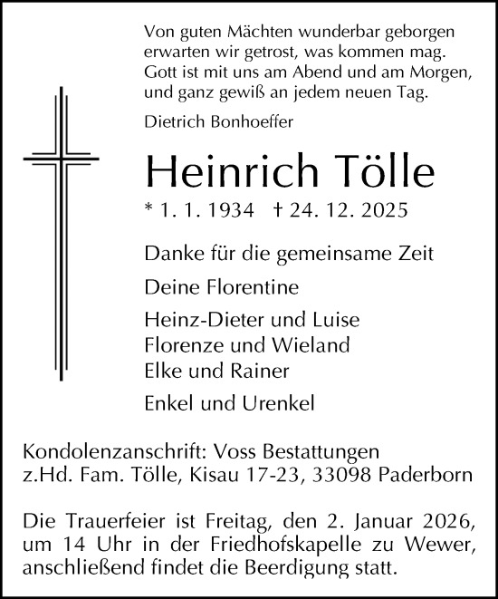 Traueranzeige von Heinrich Tölle von Neue Westfälische und Westfalen-Blatt