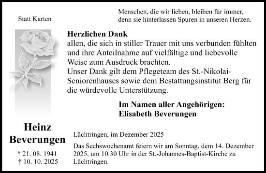 Traueranzeige von Heinz Beverungen von Neue Westfälische und Westfalen-Blatt