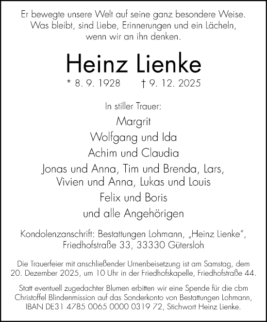 Traueranzeige von Heinz Lienke von Neue Westfälische und Westfalen-Blatt