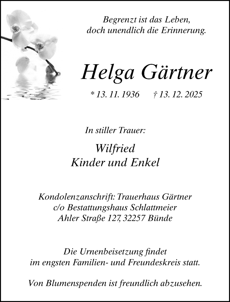  Traueranzeige für Helga Gärtner vom 20.12.2025 aus Neue Westfälische und Westfalen-Blatt