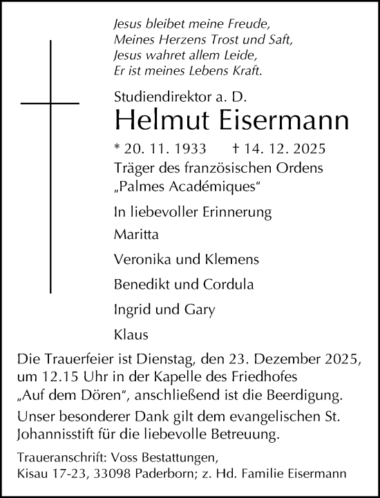 Traueranzeige von Helmut Eisermann von Neue Westfälische und Westfalen-Blatt
